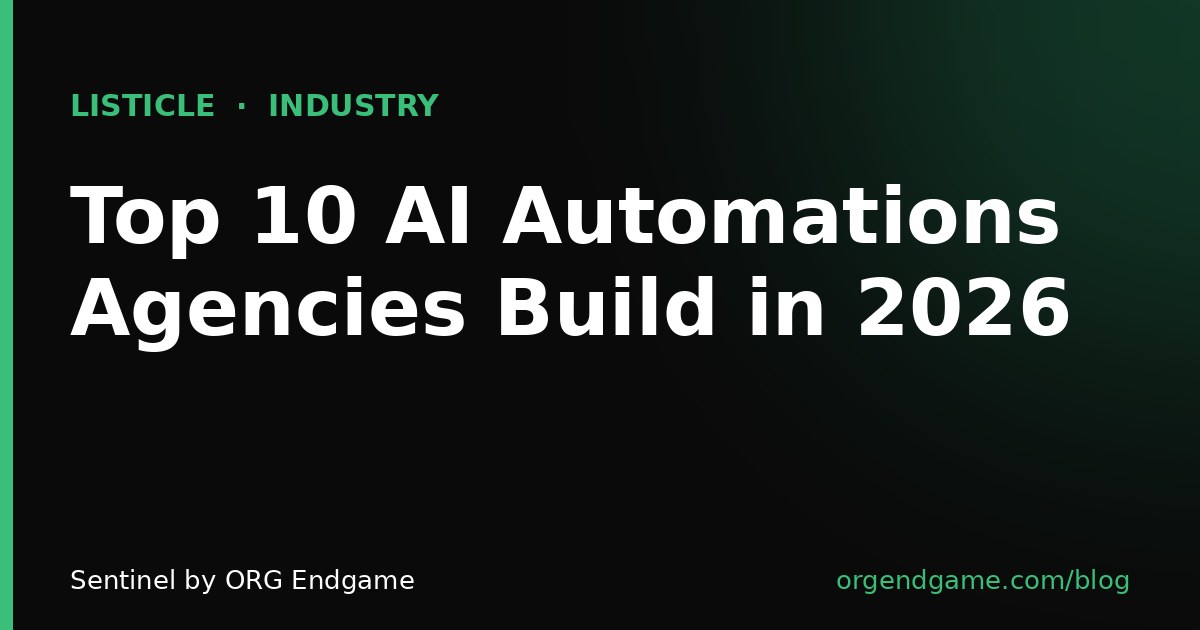 Dark dashboard-style graphic listing ten AI automations agencies build, with a green accent bar