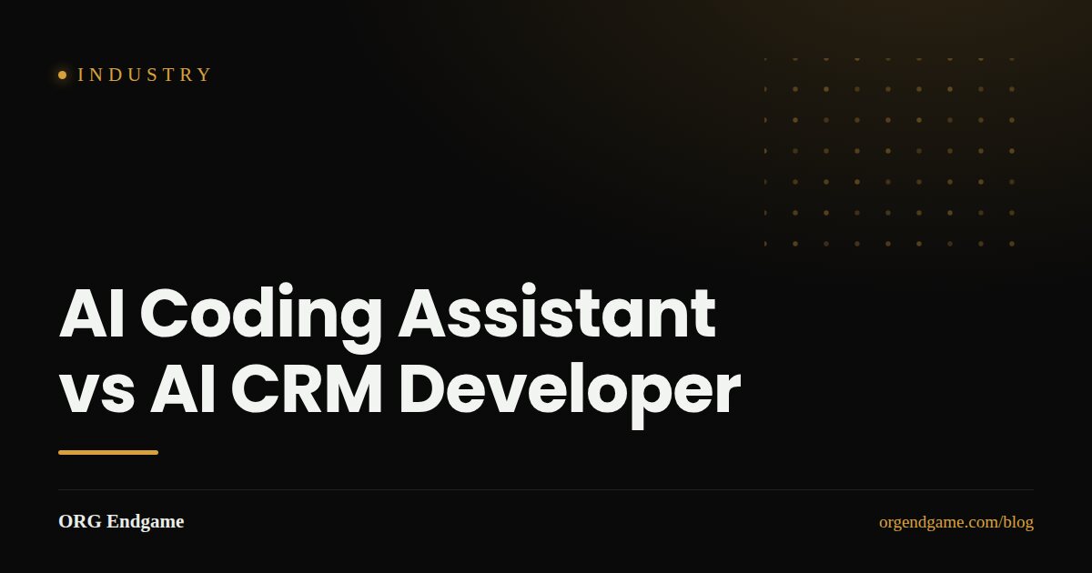 Split comparison of an AI coding assistant suggesting code in an editor versus an AI developer deploying changes to a CRM