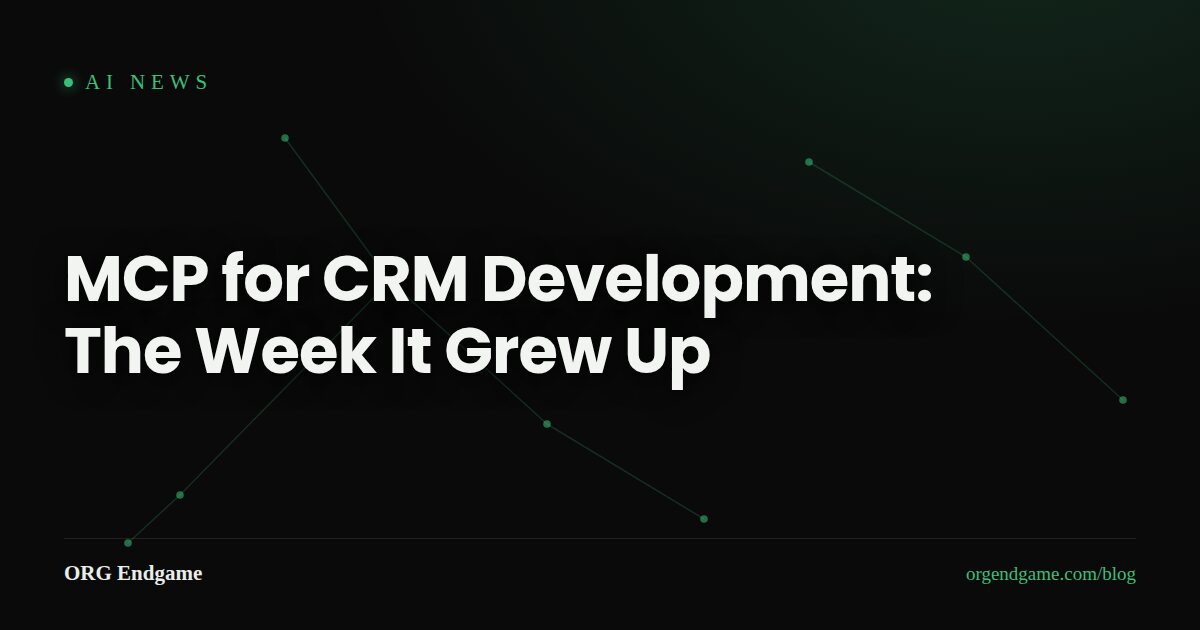 Dark abstract graphic representing the Model Context Protocol connecting AI to a CRM, with a green accent glow