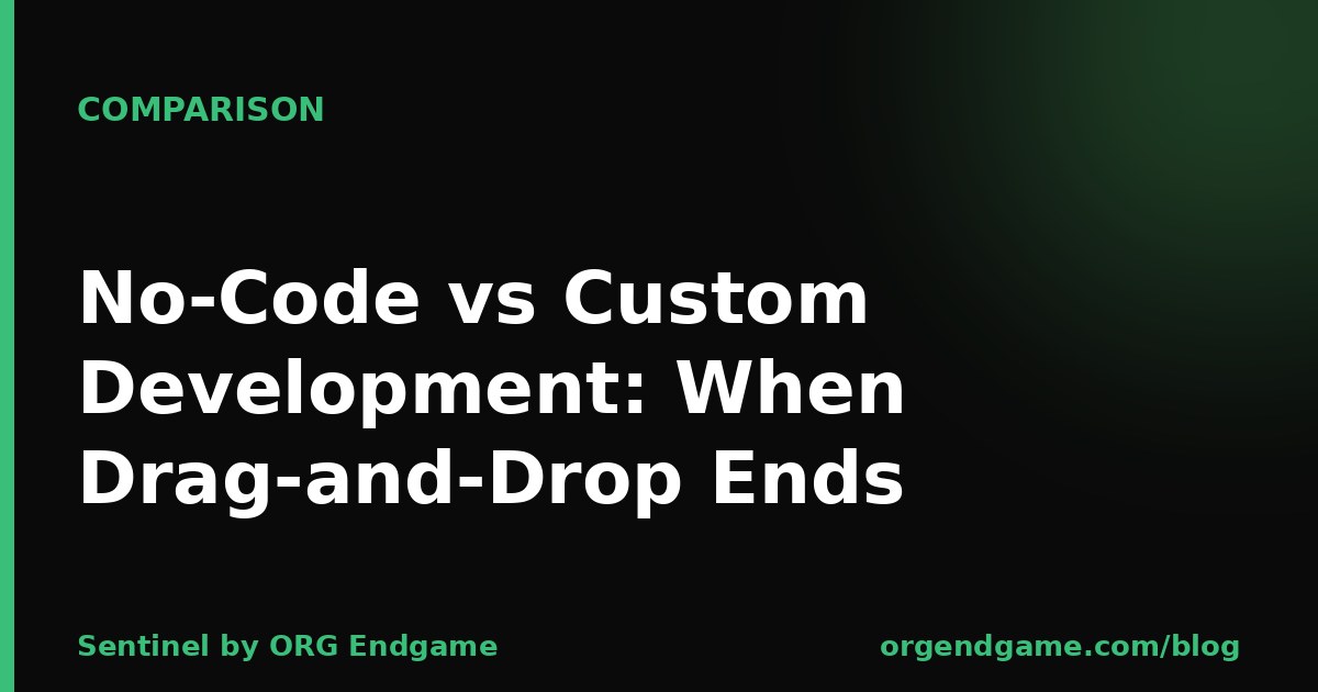 Sentinel cover graphic: No-Code vs Custom Development — When Drag-and-Drop Ends