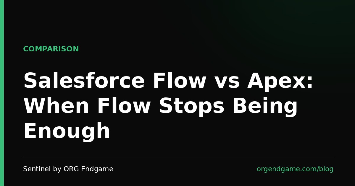 Sentinel cover graphic: Salesforce Flow vs Apex, When Flow Stops Being Enough